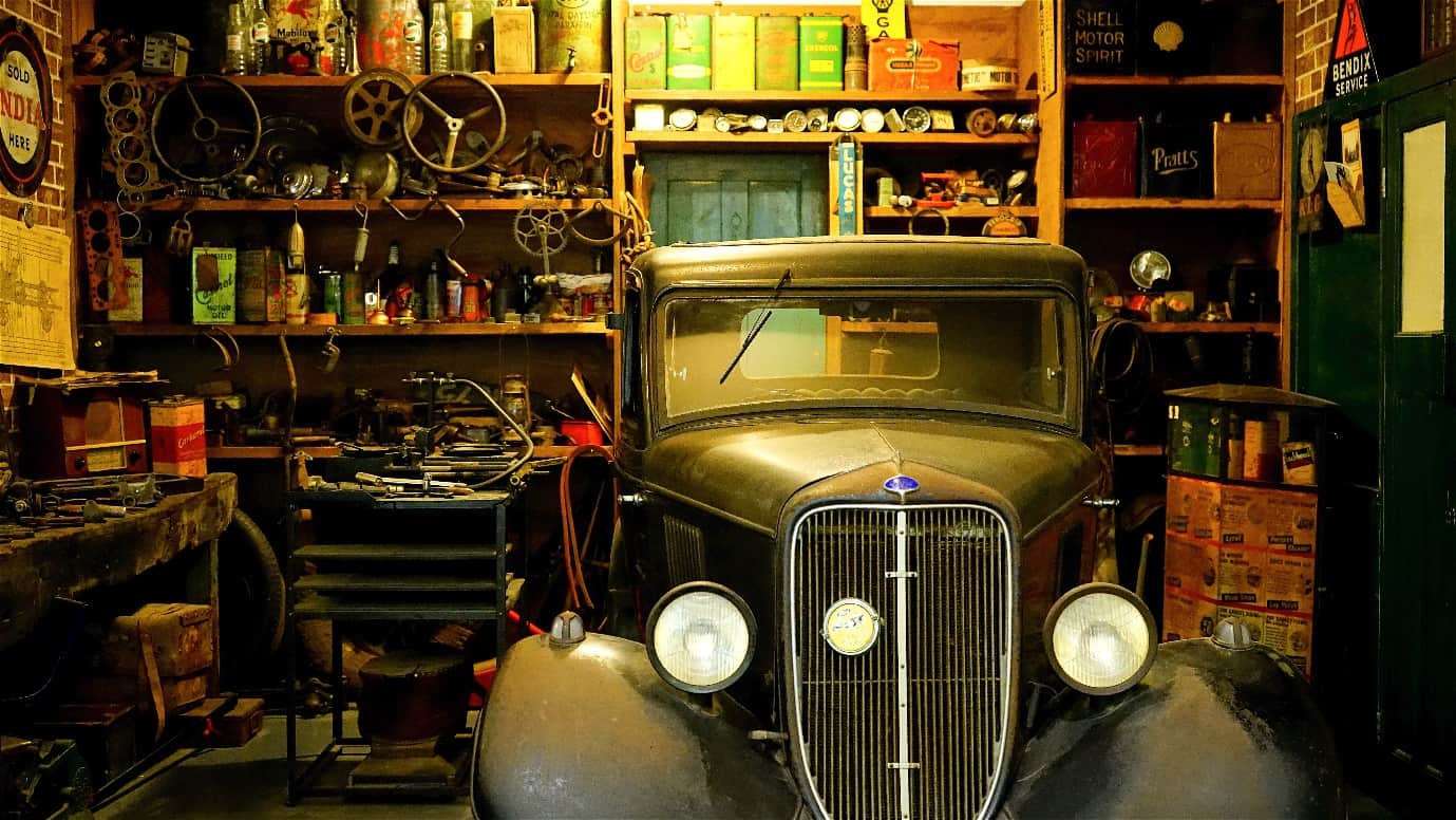 cluttered retro garage